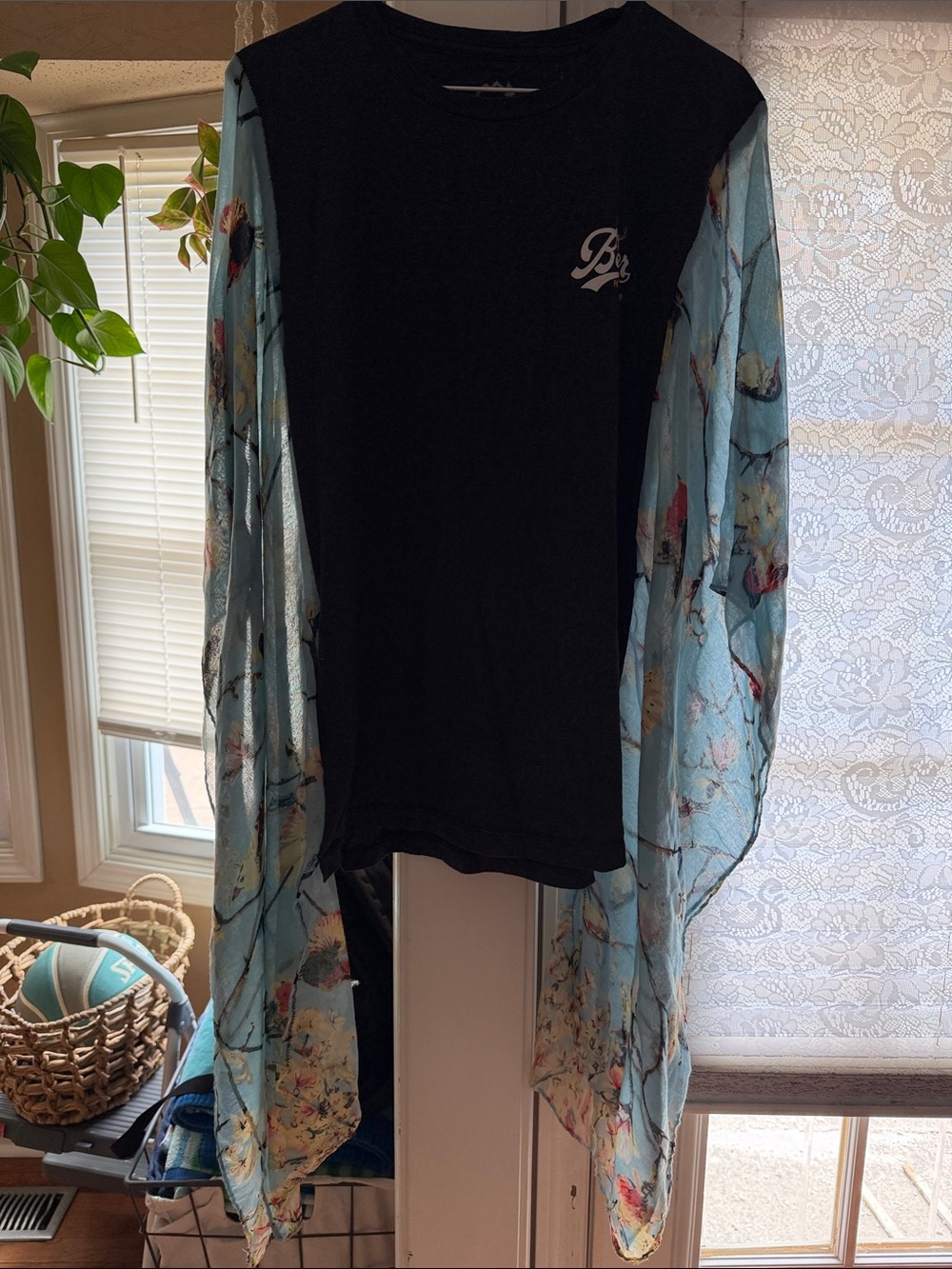 Beer Hunter Black Tee with Light Blue Floral Sheer Sleeves